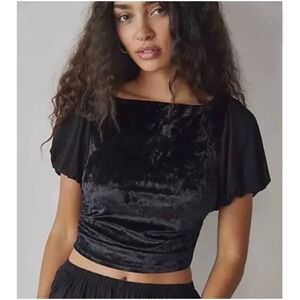 Free People Black Velvet Mesh Puff Sleeve Cutout Back Crop Top Whimsigoth-XL